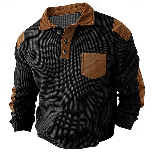 Men's Waffle Polo Shirt Long Sleeve Vintage Fashion Button Pocket Spring & Fall Black Polo Shirt