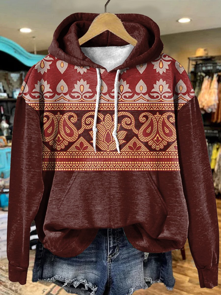 Vintage Crimson Paisley Pattern Art Print Casual Hoodie Sweatshirt