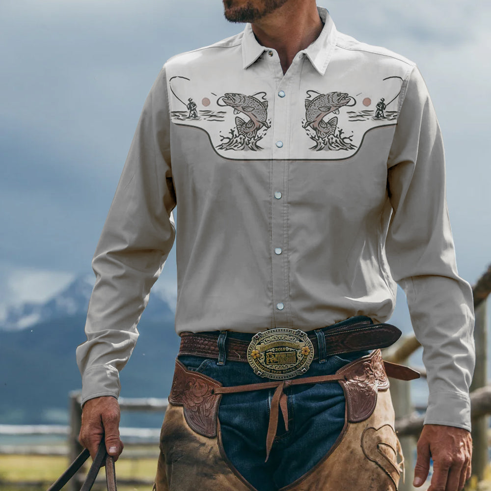 Men's Vintage Western Cowboy Fishing  Print Long Sleeve Shirt