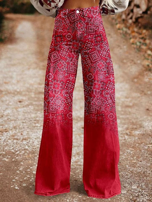 Women's Red Paisley Print Casual Wide Leg Pants