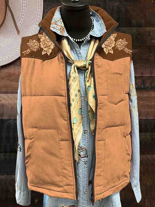 Women's Brown and Yellow Patchwork Floral Print Casual Comfortable Quilted Cotton Vest