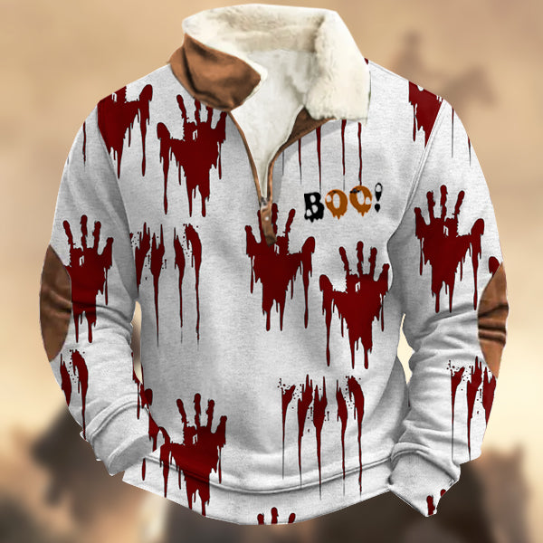 Men's Halloween Bloody Hand Boo! Print Zipper Fur Collar Sweatshirt