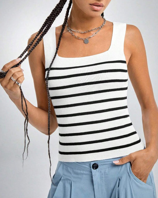 Slim Fit Knitted Vest Striped Large U-Neck Halter Top