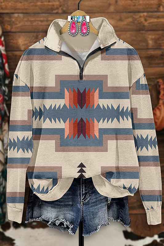 Retro Western Aztec Print Zip-Up Sweatshirt