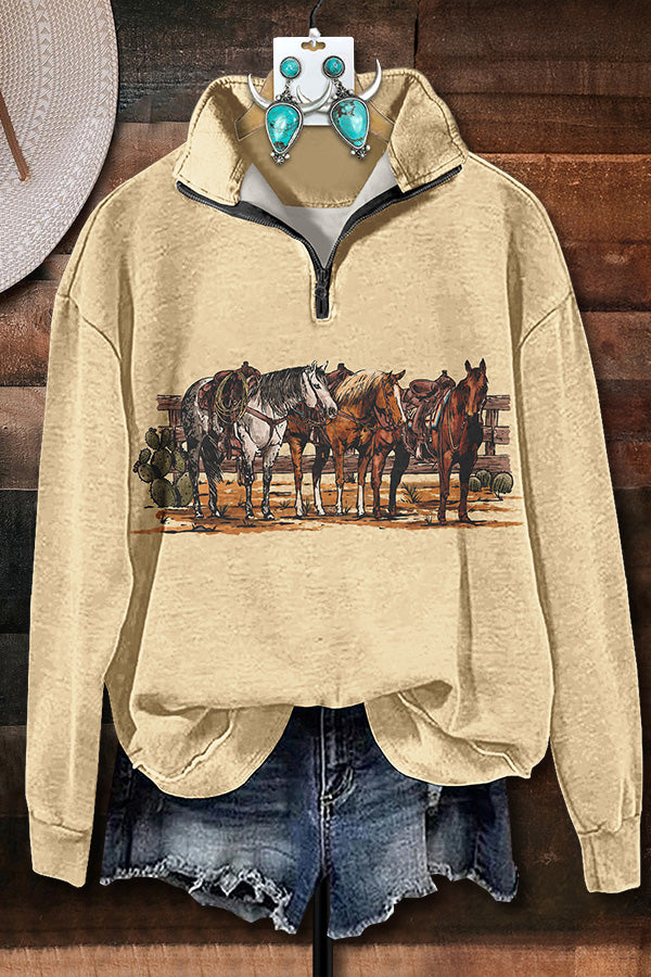 Ranch Horse Print Zipper Sweatshirt