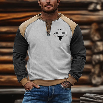 Men's Outdoor VintageWestern Bull Skull Print Casual Henley Sweatshirt