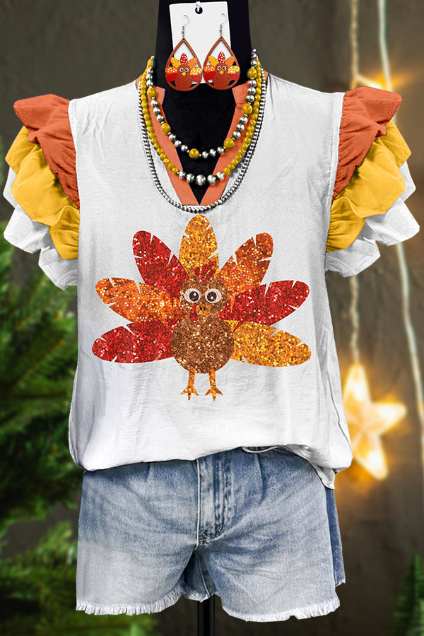 Classic Thanksgiving Turkey Print Fly Sleeve Blouse