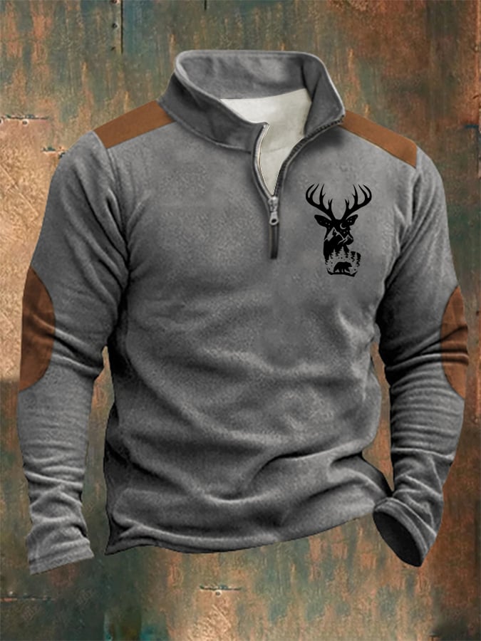 Western Style Printed Stand Collar Zipper Men's Sweatshirt