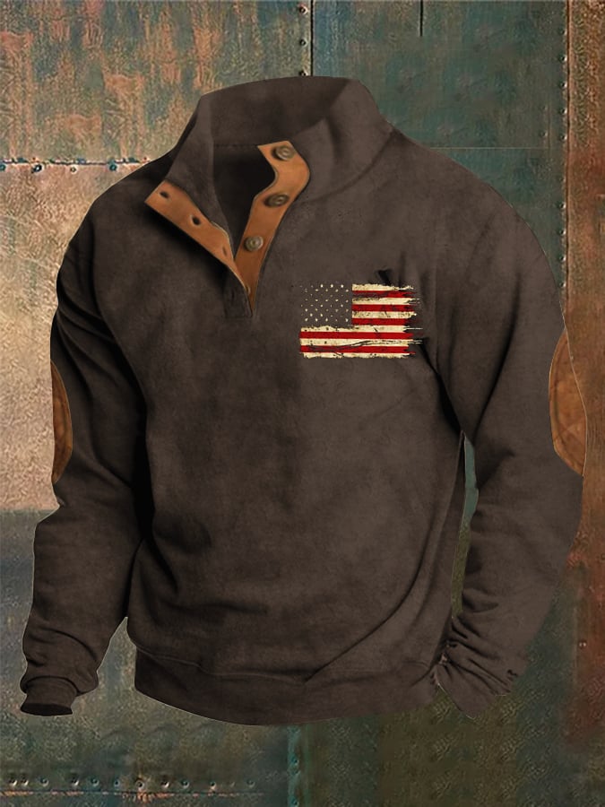 Men's Retro Flag Print Stand Collar Button Sweatshirt