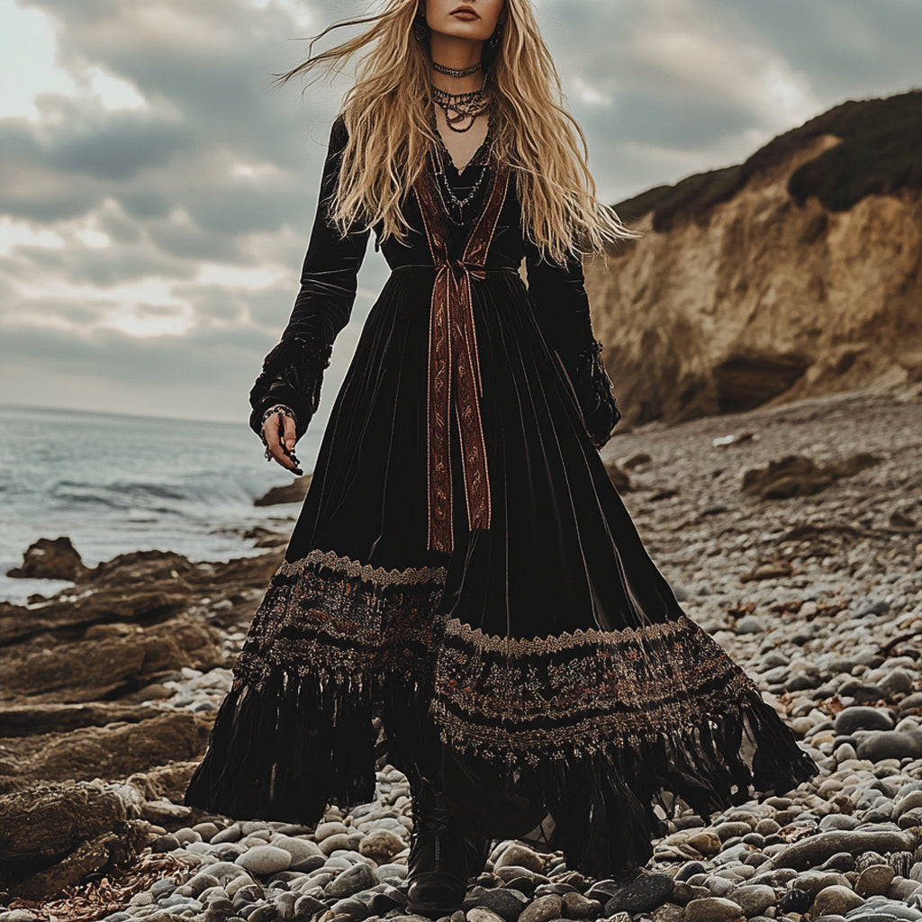 Breezy Bohemian Beach Vacation Autumn And Winter Velvet Ethnic Style Fluttering Dress