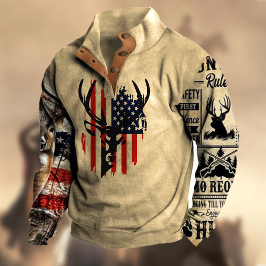 Men's Vintage Western American Flag Elk Print Casual Henley Stand Collar Sweatshirt