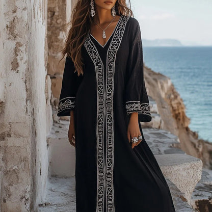 Elegant Greek Key V Neck Linen Blend Maxi Dress