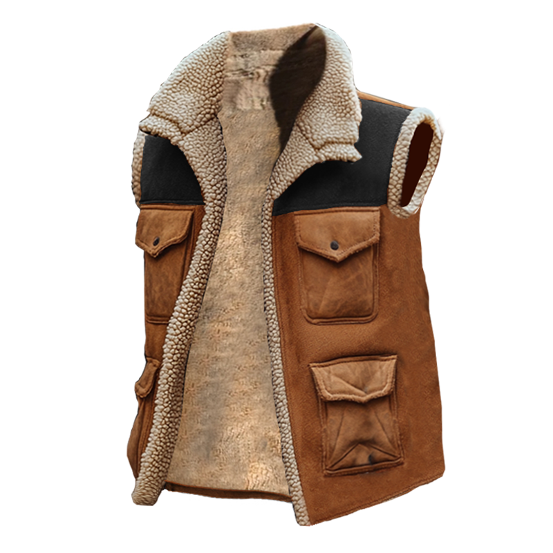 Men's Outdoor Vintage Lamb Wool Multi Pocket Splicing Suede Vest Jacket