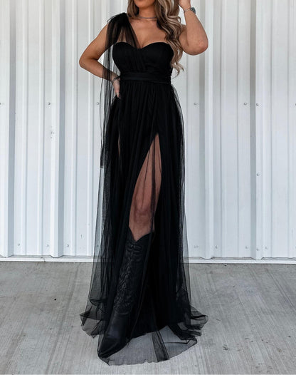 Strapless Tulle Maxi Dress-Black