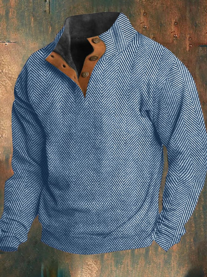 Men's Western Vintage Herringbone Print Design Stand Collar Button-Down Sweatshirt