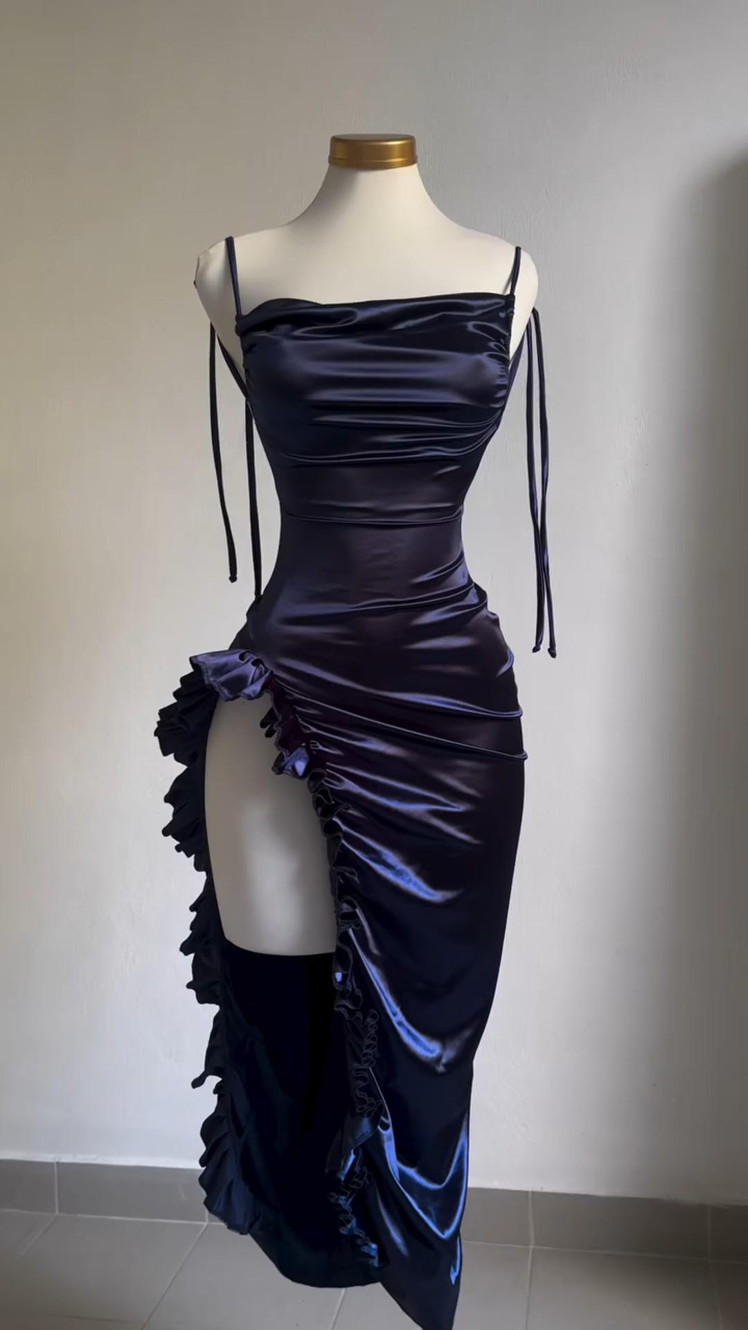 Pretty Ruffled Slit Satin Dress