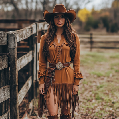 Retro Western Outdoor Women's Long Shirt Dress Cowboy Dress Short Skirt