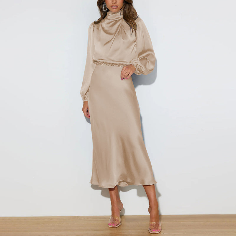 High-end Satin Long-sleeved Loose Dress, Elegant Women's Evening Dress