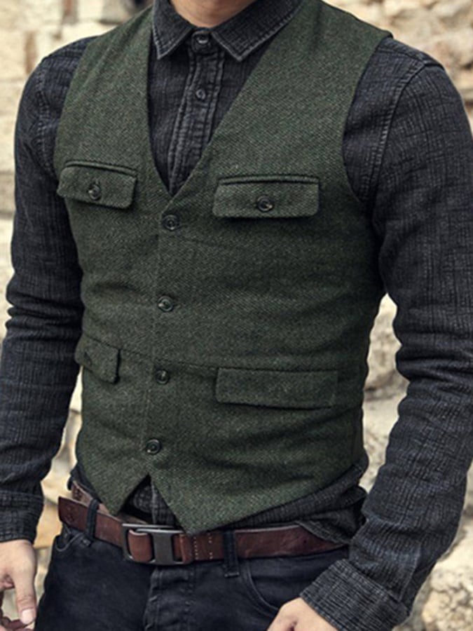 Temperament Men's Retro Single-Breasted Slim Wool Vest Vest