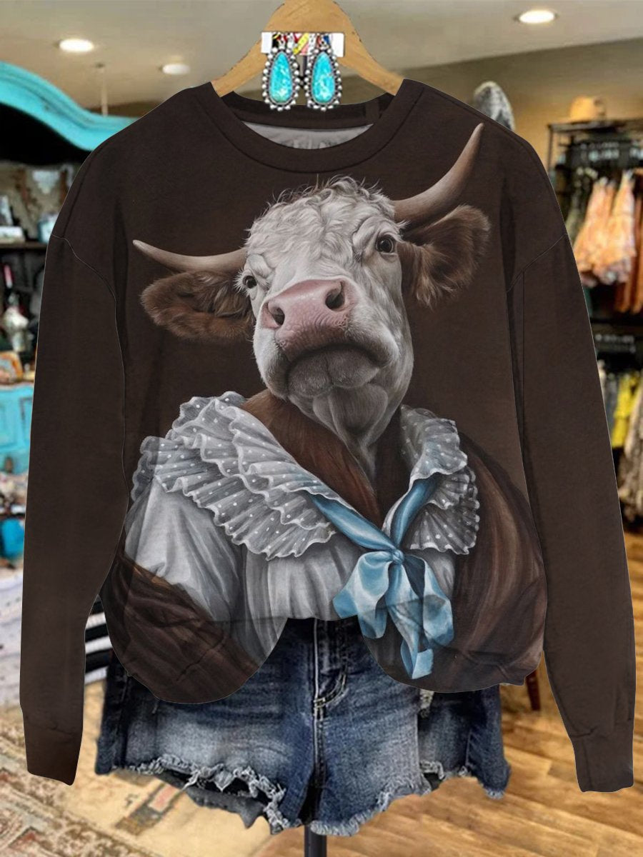 Vintage Cow In Nightgown Print Casual Sweatshirt