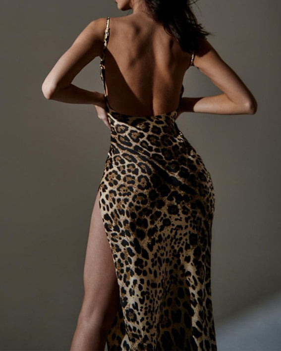 Printed Sexy Backless Slit Suspender Dress