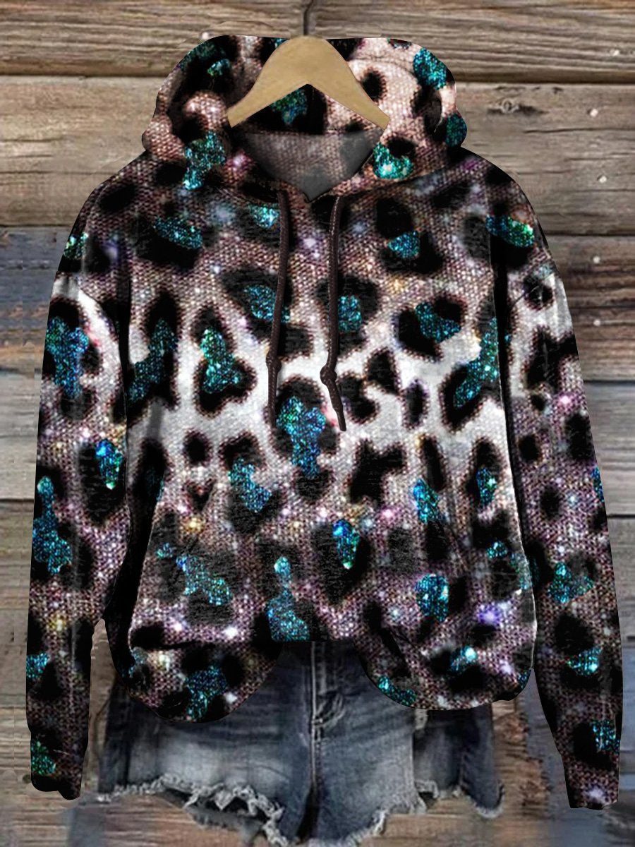 Elegant Leopard And Glitter Pattern Printed Casual Hoodie Sweatshirt