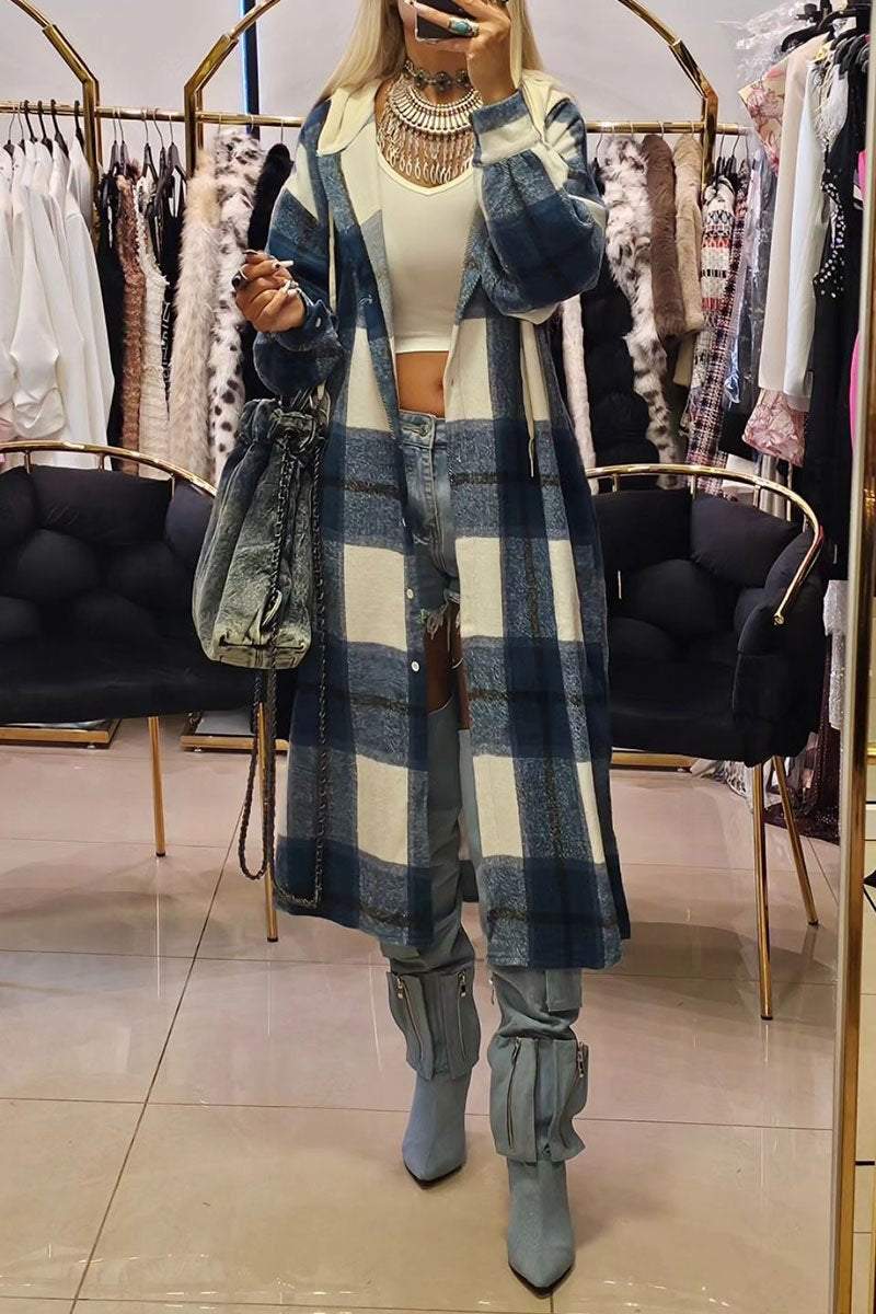 Women's Hooded Checkered Long Coat