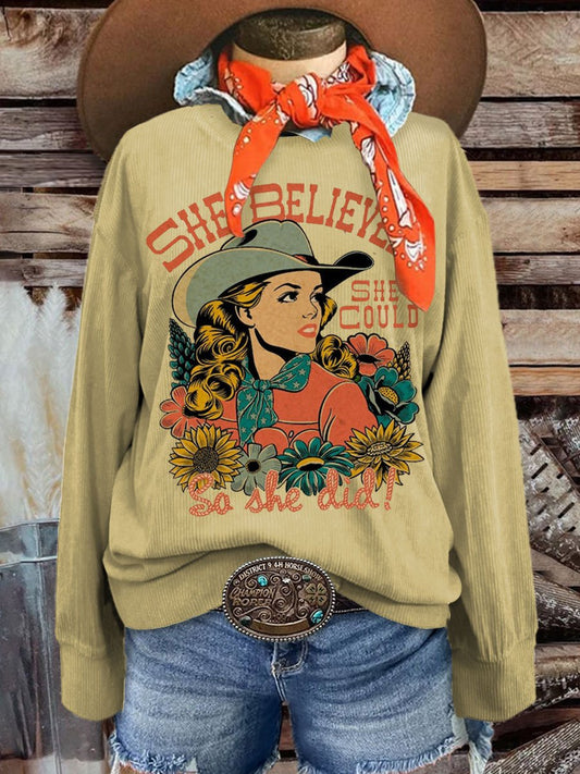 Women's Vintage Casual Print Corduroy Sweatshirt