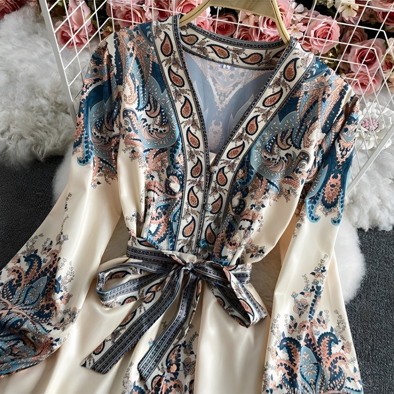 Palace Style V-Neck Bubble Sleeve Dress