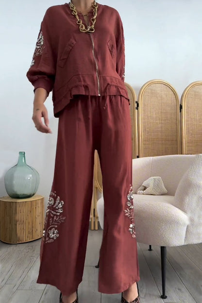 Women's Casual Sequined Cotton and Linen Pants Suit