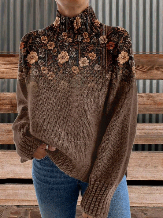 Brown Print Knit Turtleneck Pullover Sweater