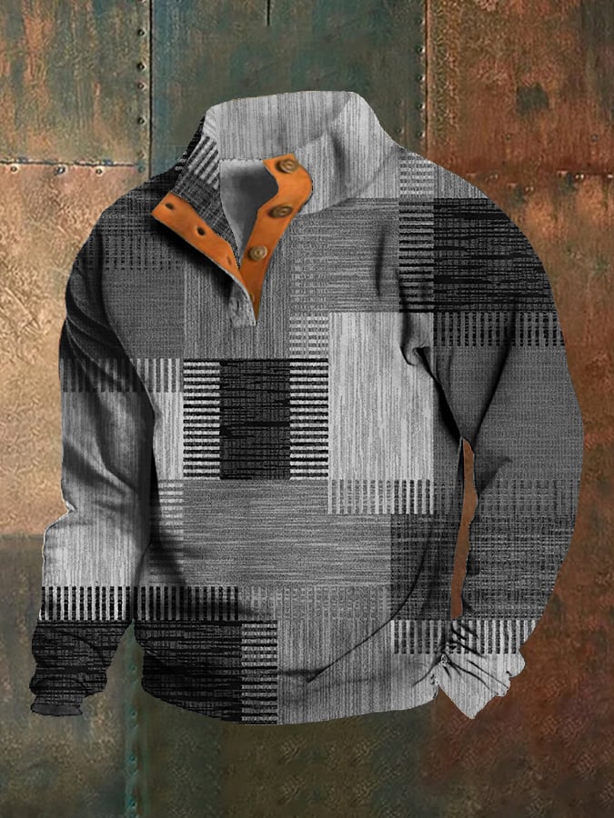 Men's Western Style Printed Stand Collar Button Sweatshirt