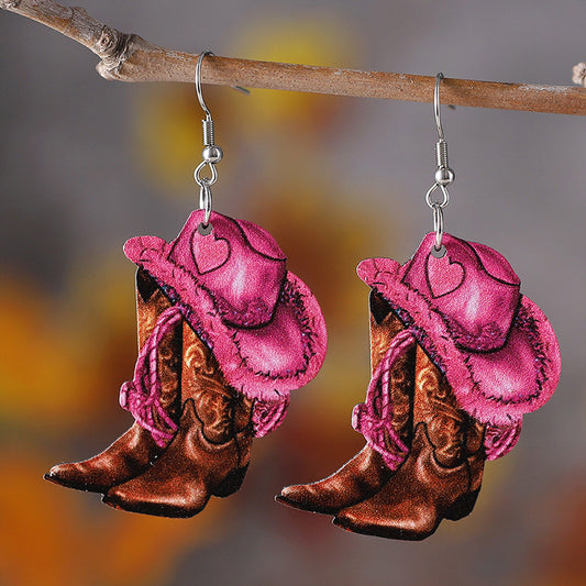 Western Pink Cowboy Hat Boots Earrings