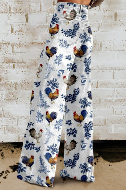 Chickens Flowers Print Wide Leg Pants