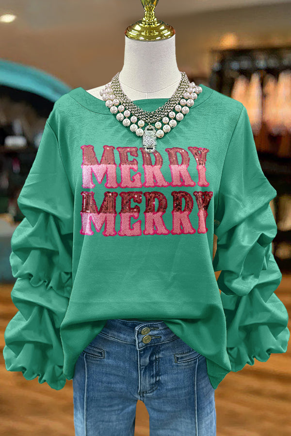 Cute Merry Christmas Print Pleated Sweatshirt