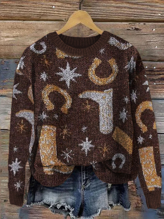 Western Cowboy Boots & Horseshoe Cozy Knit Sweater