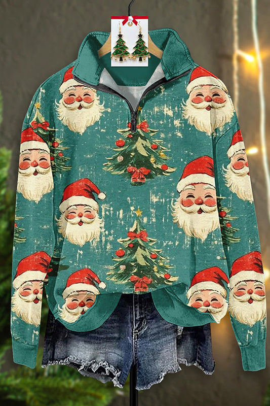 Vintage Santa Claus Print Zip-Up Sweatshirt