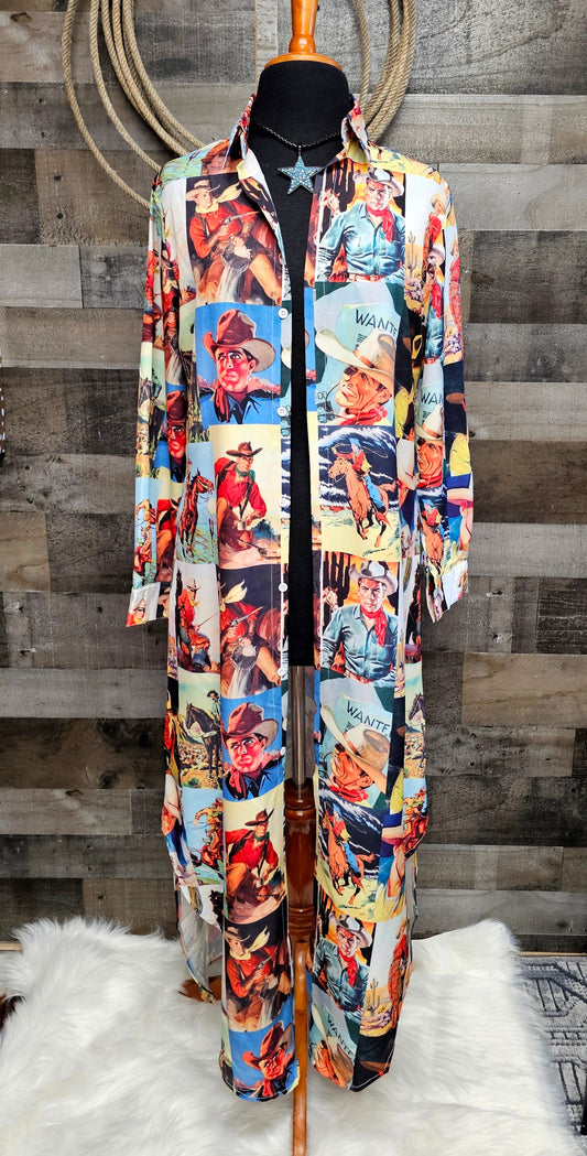 Cowboy Collage Western Shirt Dress Duster