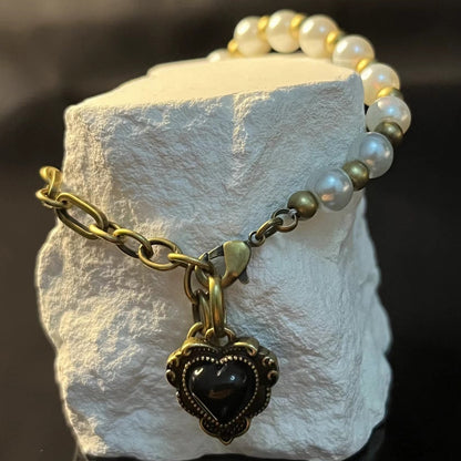 Womens White Spade Heart Vintage Pearl Bracelet