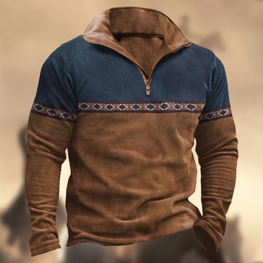 Men's Vintage Fleece Country Western Ethnic Geometric Color Block Zip Up Polo Sweatshirt