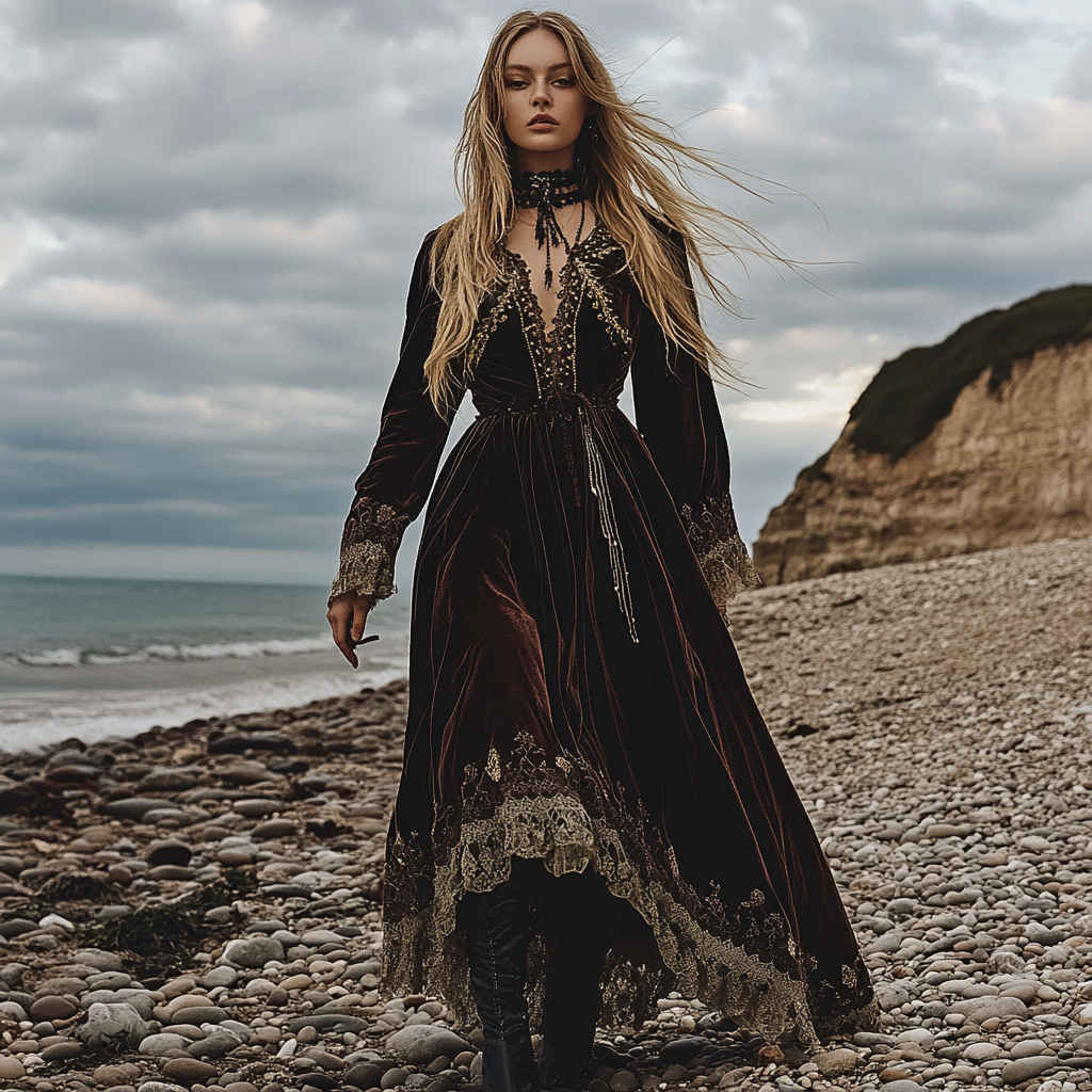 Breezy Bohemian Beach Vacation Autumn And Winter Velvet Ethnic Style Fluttering Dress