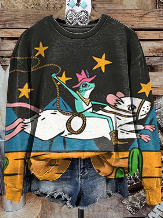 Frog Cowboy Print Casual Sweatshirt