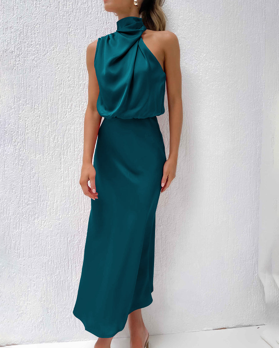 High-end Satin Sleeveless Dress Fashion Elegant Lady Light Evening Dress