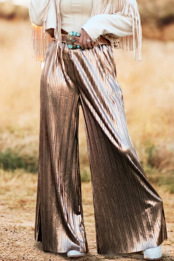 Shiny Pleated Wide-Leg High-Waisted Pants