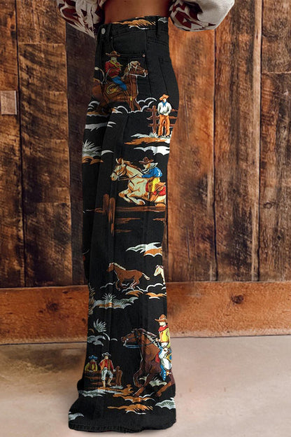 Vintage Western Print Flared Trousers