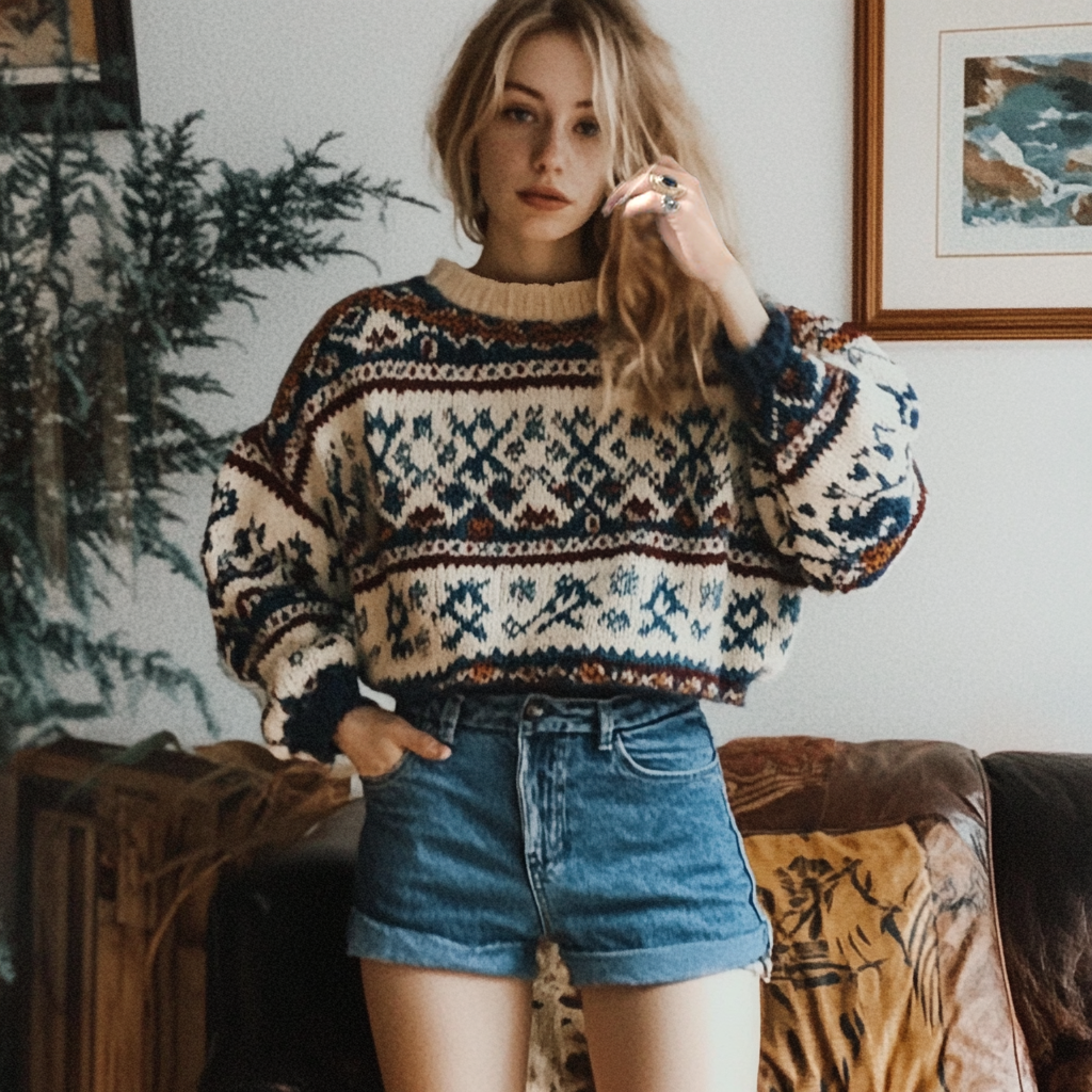 Women's Vintage Geometric Ethnic Style Print Round Neck Oversized Sweatshirt