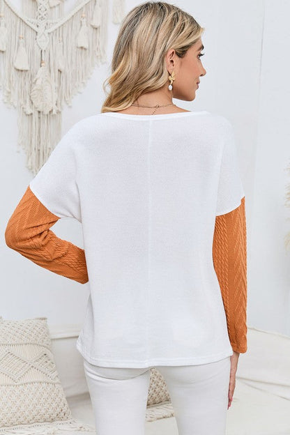 Cable knit color block round neck lightweight top