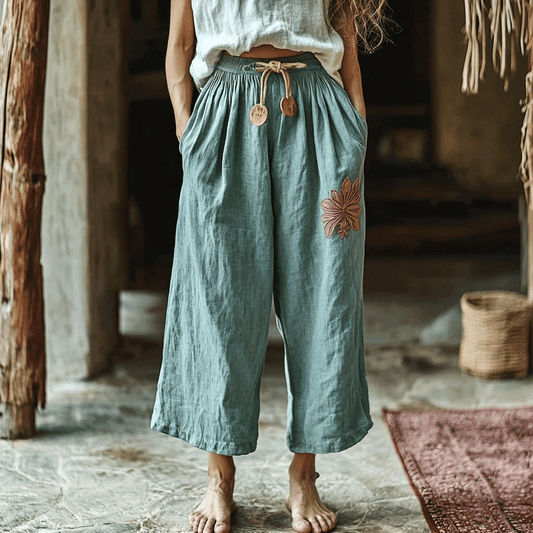 Women's Linen Bohemian Floral Casual 9-point Harem Pants