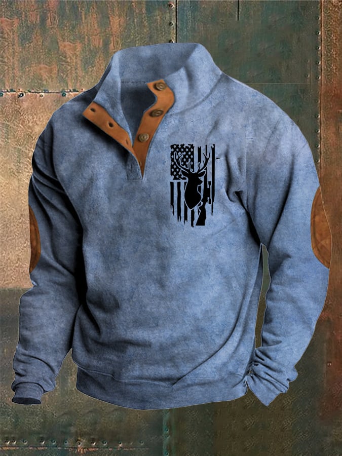 Men's Vintage Western Elk Stand Collar Sweatshirt