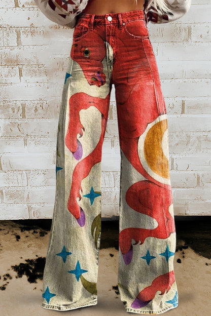 Vintage Red Horse And Moon Wide Leg Pants